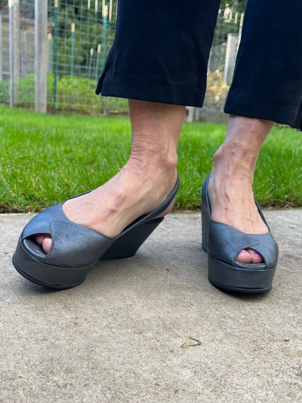 Butter Steel Gray Metallic Peep-Toe Slingback Wedge Sandals